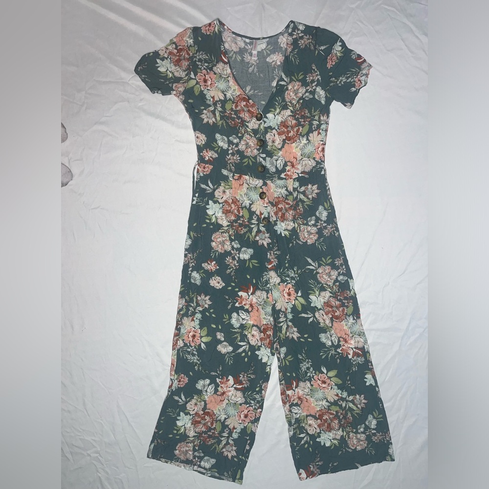 Women's Floral Print V-Neck Short Sleeve Lace Shoulder Jumpsuit